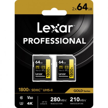 Atmiņas karte LEXAR SDXC Pro 1800x U3 UHS-II R280/W210 (V60) 64GB - 2pack